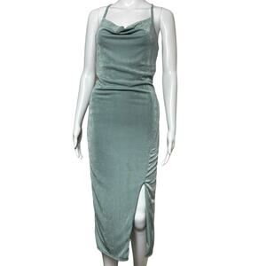 21 SAINTS Womens Sz S Sea Green Slinky Side Slit Spaghetti Strap Shiny Dress